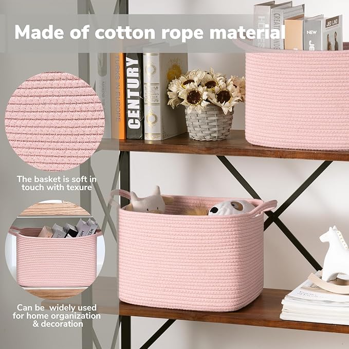 Goodpick Pink Storage Baskets for Organizing, Woven Rope Baskets for Shelves, Baby Basket for Nursery, Toy Storage Bins, Decorative Empty Gift Basket, 13" x 10" x 9"
