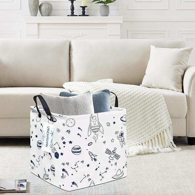 LANGYASHAN Square Storage Baskets Waterproof Canvas Children Laundry Nursery Hamper for Shelves Gift Baskets Toy Organizer Room Decor (Square spaceship)