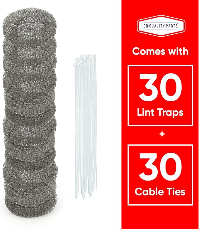 DR Quality Parts Washing Machine Lint Trap – Stainless Steel Hose Filter, Mesh Drain Catcher, Washer Sock Lint Remover, Rust-Free Snare Laundry Filter with Nylon Cable Ties, 29cmx6.5cm – 30-Pack