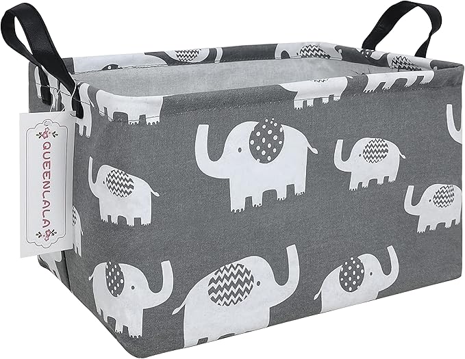 QUEENLALA Rectangular Laundry Hamper/Foldable Nursery Laundry Basket for Organizing/Storage Bin Baskets/Children Toy Office Bedroom/Toy Bin Closet Shelf Baskets（Rec-Elephant）