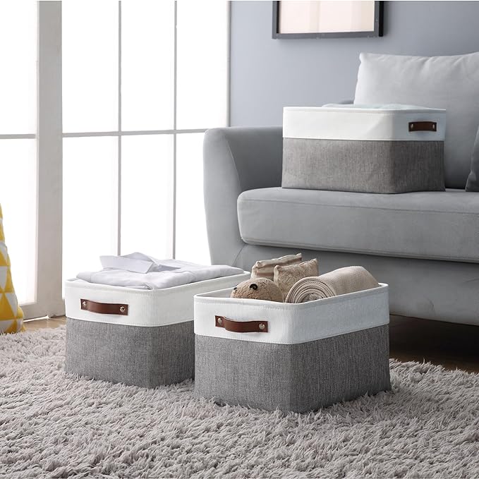 DECOMOMO Storage Baskets for Shelves - Fabric Storage Bins, Linen Closet Organizers and Storage (Grey & White, Large - 4 Pack)