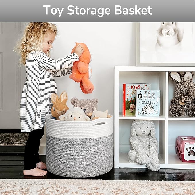 Goodpick Blanket Basket, 15.8"x15.8"x13.8" Woven Rope Basket for Blankets, Kids Toy Storage Organizer Bins, Toy Storage for Nursery, Light & Grey
