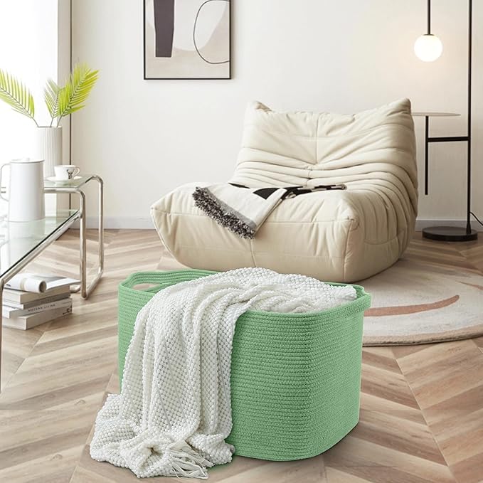 Large Green Baskets for Organizing, 23.6" x 17" x 12" Rectangle Blanket Holder Organizer, Kids Toy Storage Bins, Woven Rope Storage Basket, Green Home Decor Basket, Baby Nursery Storage