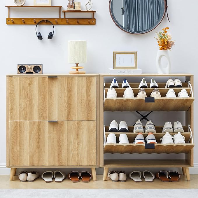Bifins 31.5” Fluted Shoe Cabinet Storage with 2 Flip Drawers,Narrow Freestanding Shoe Storage Organizer,Slim Shoe Rack Cabinet for Entryway,Hallway (Natural)
