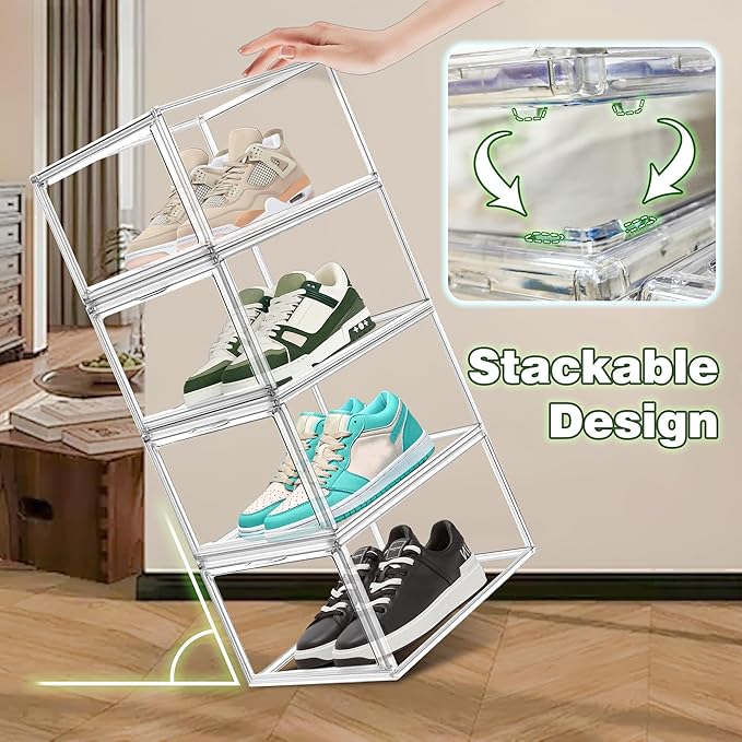 EDS FAM 2 Pack Drop Front Acrylic Shoe Boxes with Magnetic Door Fit US Size 12, Clear Stackable Shoe Organizer for Closet, Entryway, Underbed, Multiple Display Cases for Hats, Figures, Sneakers