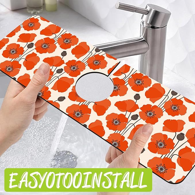 Sink Faucet Absorbing Mat Poppy Flowers Sink Splash Guard Drying Mat for Kitchen Bathroom Faucet Sinkmat 15.5"X5.5"