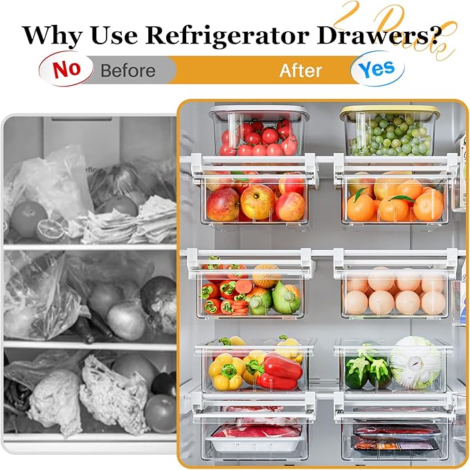 SNSLXH 2 Pack Refrigerator Drawer Organizer, Pull Out Shelf Storage Transparent Organizer for Egg, Fruit, Vegetable, Seafood, Meat, Fit All Fridge Shelves Under 0.6''