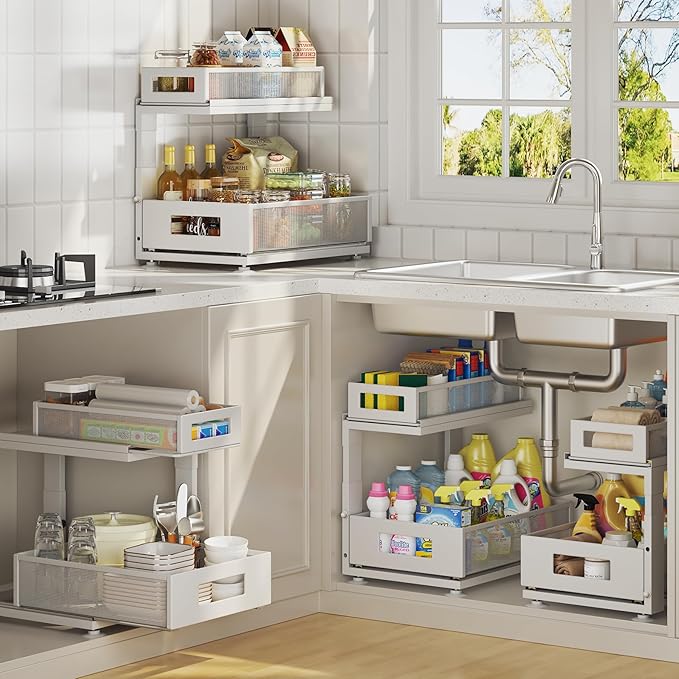 Corbyles 2 Pack Under Sink Organizer with Next-Gen Ball-Bearing Slides,2-Tier Pull Out Cabinet Storage,Height Adjustable Drawer Shelf for Bathroom,Kitchen,Laundry,Cabinet,Pantry(Patent Pending)