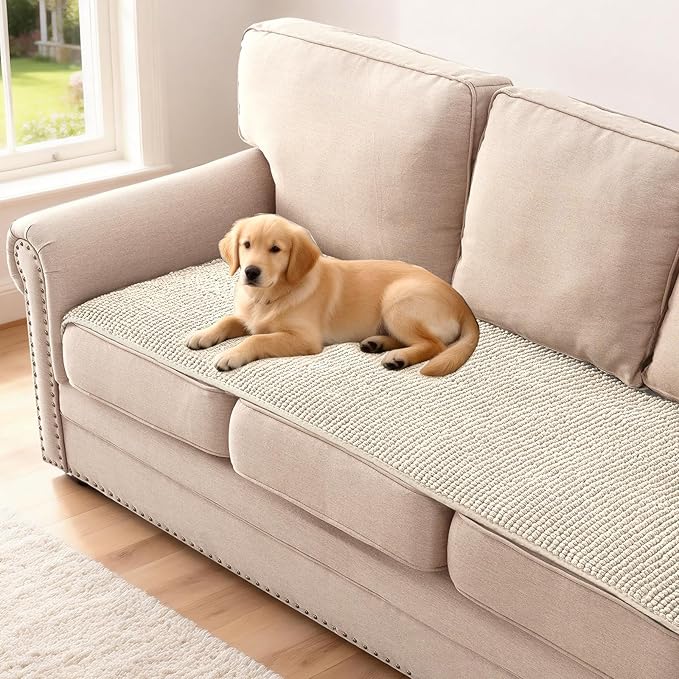 H.VERSAILTEX Plush Chenille Couch Cover for 3 Cushion Couch Anti Slip Washable Sofa Slipcovers Soft and Durable Furniture Protector for Dogs Cats Kids (27.5" x 82", Ivory)