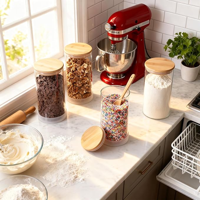 53oz Round Glass Storage Containers with Bamboo Lids – 4 Pack Large Airtight Glass Jars for Pantry Organization, Kitchen Dry Food, Flour, Cereal, Coffee Beans & Staples