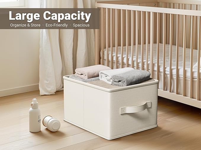 3 Pack Fabric Storage Bins for Shelves | 14¾" L*10¼" W*8¼" H Closet Storage Bins | Collapsible Closet Organizers for Clothes | Linen Clothes Bins | White & Ivory