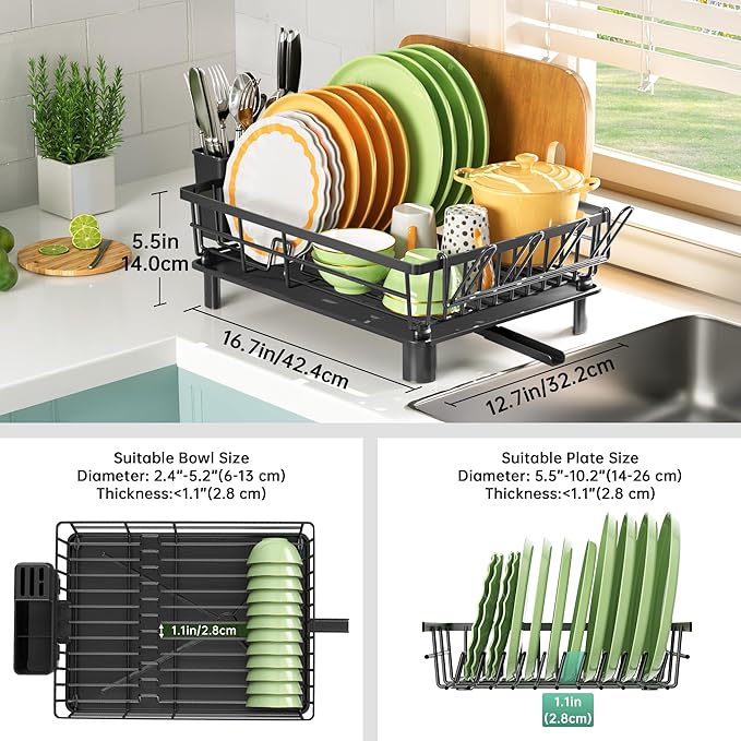 Dish Drying Rack, Dish Racks for Kitchen Counter, Detachable Dish Drainer with Drainboard, Utensil Holder, Cup Holder, Space Saving Kitchen Drying Rack for Small Home and Appartment, Black