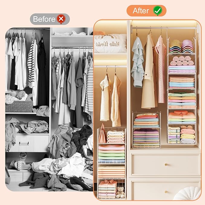6 Tier Raised-Height Hanging Closet Organizer, Stackable Sweater Organizer for Closet, Wire Storage Basket Bins for Clothes Purse Shoes, Hanging Shelves with 4 Hooks & 3 Dividers Adjustable