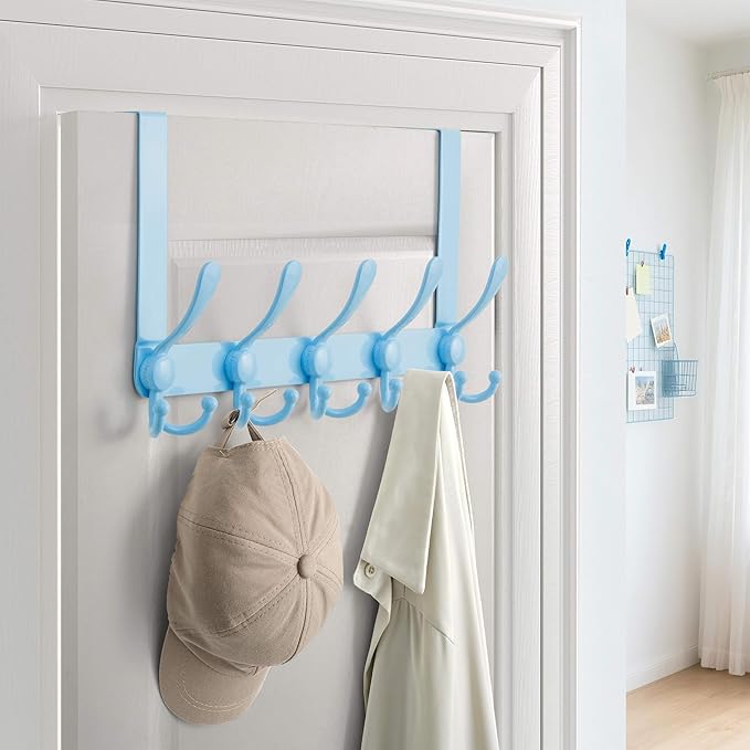 Dseap Over Door Hook 2.0 - Upgraded Version - Simple-Assembly, Strong, Heavy-Duty Stainless Steel 5-Tri-Hook Over The Door Hanger Rack, SimpleStrong Series, Blue, Pack of 2