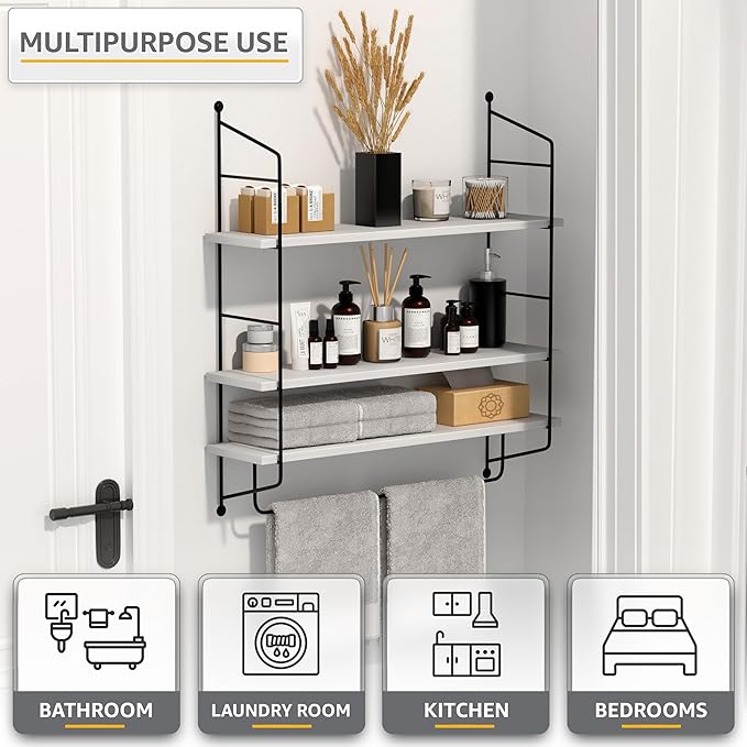 Sorbus 3-Tier Floating Bathroom Shelves for Wall - Wood Wall Storage for Towels, Over The Toilet Storage Cabinet, Gaming Floating Shelves, Bathroom Accessories, and Home Decor (White)