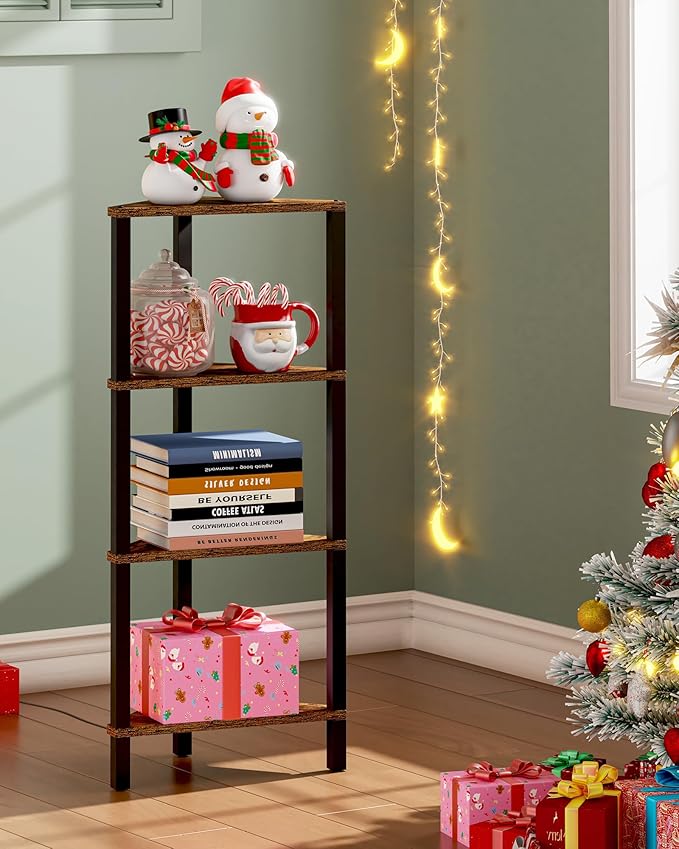 TUTOTAK Corner Shelf, 4-Tier Corner Bookshelf for Small Space, Narrow Display Corner Shelf Stand with Storage Rack, for Living Room, Bedroom, Rustic Brown BS05BB004L