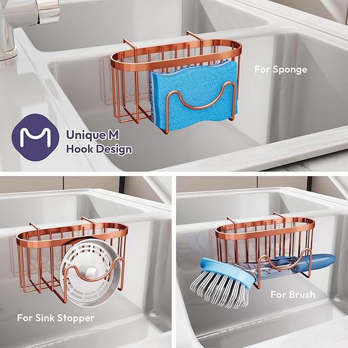 SWTYMIKI Sink Caddy - Movable Stainless Steel Hanging Organizer with M Shape Hook, Fits Double Sink, Rose Gold