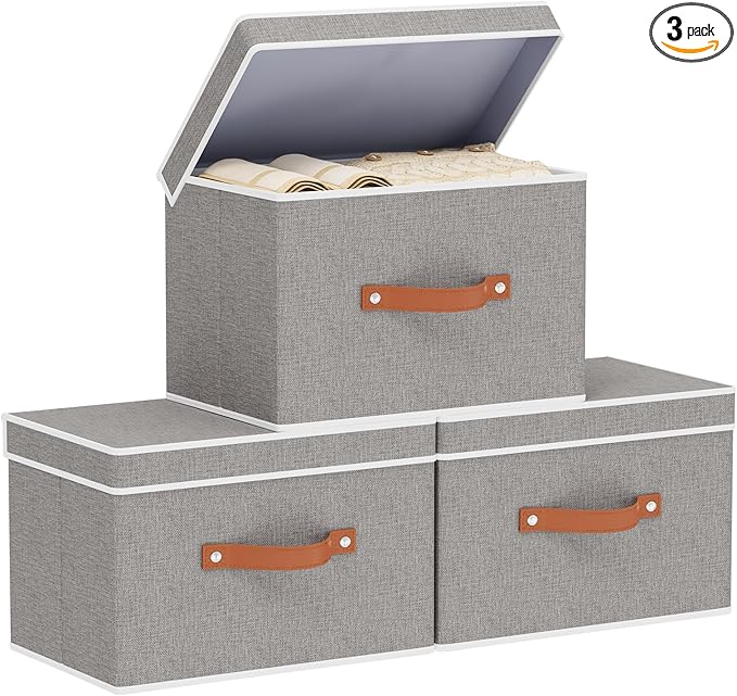 YheenLf Storage Bins with Lids, Linen Collapsible Boxes, 15 x 9.8 x 9.8 Inch Storage Baskets with Double Handles for Shoes Books, Grey, 3-Pack