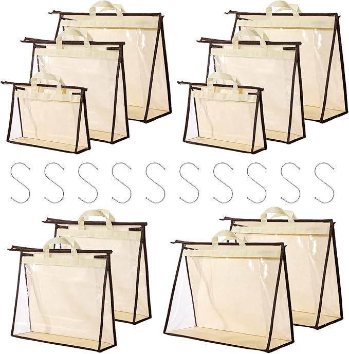 CINPIUK 10 Set Handbag Storage Organizer Dust Bags for Purses Handbags Closet, Clear Purse Protector Storage Bag Dust Cover for Bags, Closet Organizer for Handbags with Hooks