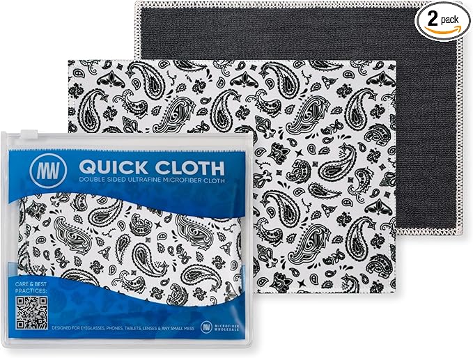 Quick Cloth Microfiber Glasses Cleaning Cloths – 5x7, Paisley 2 Pack with Case | Double-Sided Lens Cleaner for Eyeglasses, Camera, Screens & Glass | Reusable Microfiber Glass Polishing Cloths