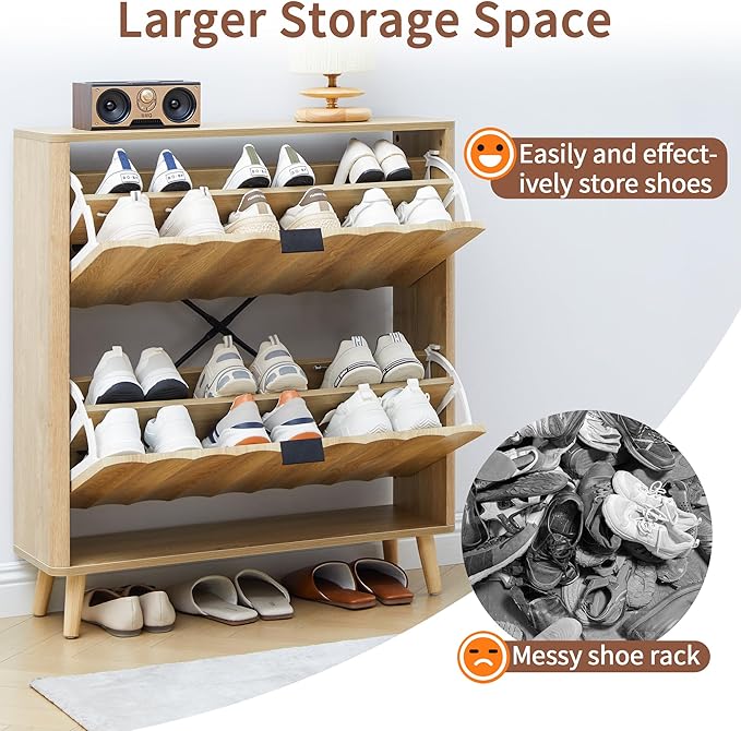Bifins 31.5” Fluted Shoe Cabinet Storage with 2 Flip Drawers,Narrow Freestanding Shoe Storage Organizer,Slim Shoe Rack Cabinet for Entryway,Hallway (Natural)