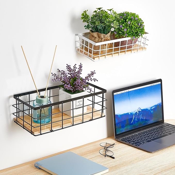 Funrous 2 Pcs Metal Small Wire Basket Wall Hanging Wire Basket Hang Small Bathroom Kitchen Storage Organizer Toilet Paper Mesh Storage Bin Shelf Rack with Base(Black,11.42 x 5.12 x 3.94 Inches)
