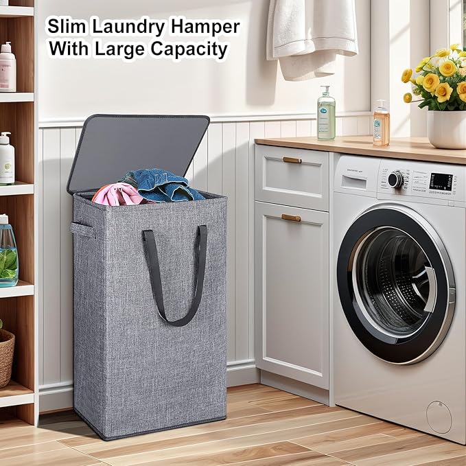 Odonata 75L Slim Laundry Hamper with Lid,Large Foldable Laundry Basket with Removable Bag and Handles Tall Collapsible Dirty Clothes Basket Great for Bedroom, Bathroom, Dorm, College,RV. (Grey, 75L)