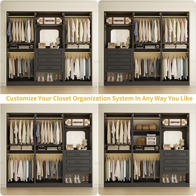 Unikito Modular Closet System with 3 Sets, 75”Closet Organizer System with Drawers, Mirror, Hanging Rods and Adjustable Shelves, Freestanding Wood Wardrobe Garment Rack, Walk in Closet Tower, Black
