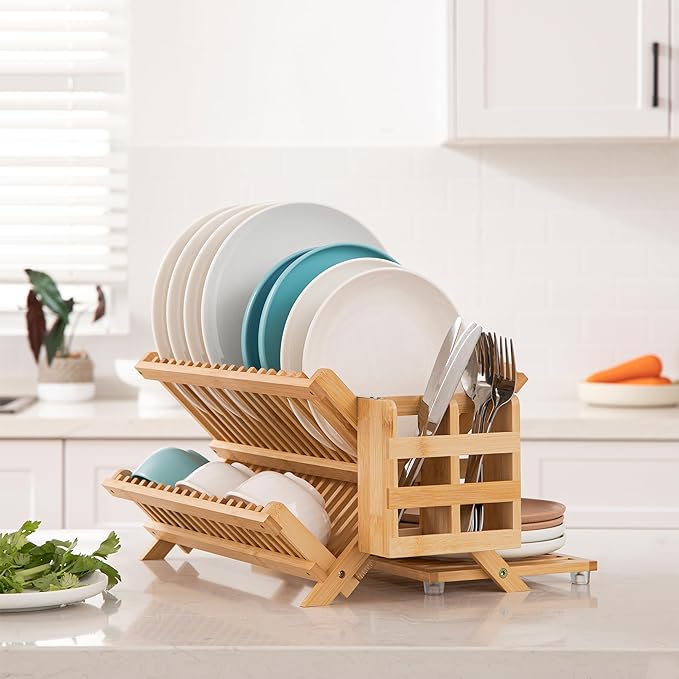 HBlife Bamboo Dish Drying Rack with Utensil Holder, 3-Tier Large Collapsible Wooden Dish Drainer Rack, Folding Drying Holder Dish Drainer for Kitchen Counter