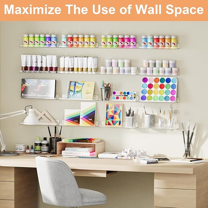 upsimples 12 Pack Acrylic Shelves Wall Organizer and Storage, 15" Display Shelf for Figure, Toy Cars, Perfume, Kids Bookshelf for Bedroom, Nursery, Craft Room, Clear