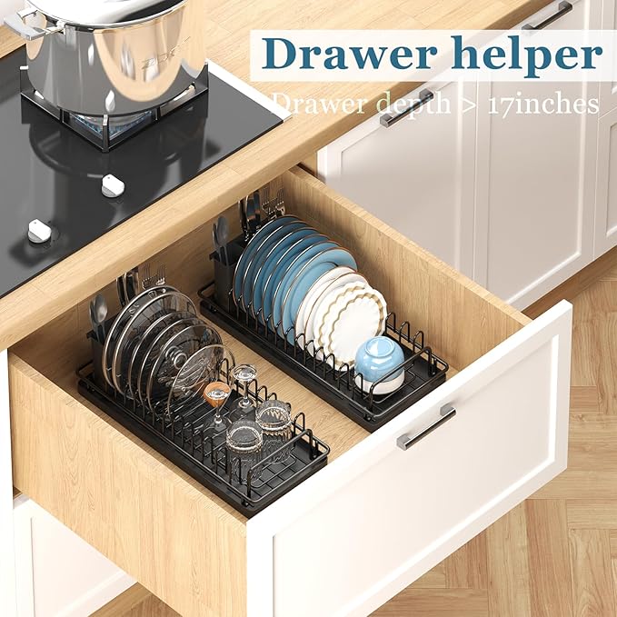 Compact Small Dish Rack Sink Drying Rack with Silicone Mat, Stainless Steel Dish Drainer for Kitchen Cabinet, Kitchen Sink Rack,Dish Holder, Black