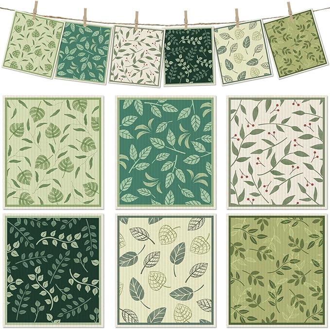 6 Packs Swedish Paper Cloths for Kitchen, Reusable Paper Towels Washable Dish Rags, Highly Absorbent Kitchen Towels Quick Drying Swedish Sponge Cleaning Dish Cloths (Plant Leaves)