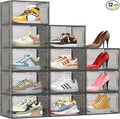 TOFWOF 12 Pack XX Large Shoe Organizer, Heavy-Duty Hard Thicken Plastic Clear Stackable Shoe Storage Box Organizer for Closet, Space-Saving Shoe Rack Display Case Bin Containers for Sneakers, Grey