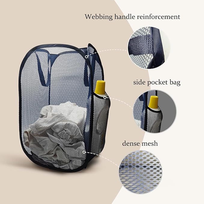 The upgraded pop-up laundry basket features a breathable side pocket mesh design, making it ideal for rooms, apartments, dormitories, travel, business trips, and children's storage(2, Dark blue)