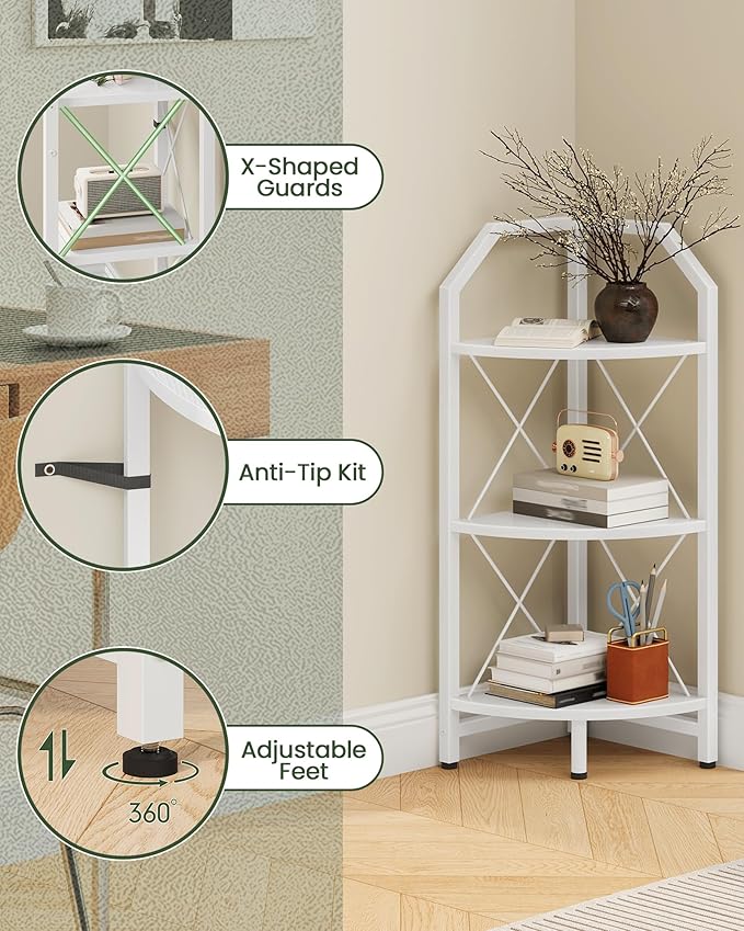 3-Tier Corner Shelf, Industrial Corner Bookshelf, 35.4" Storage Stand, Plant Stand Display Shelf, Bookcase for Bedroom, Living Room, Home Office, White TCJ03WB