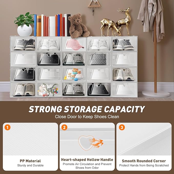 Bitodd 20Pcs Large Plastic Shoe Storage Boxes, Simple Modern Lightweight and Foldable Shoe Organizers, Easy to Access Shoe Horn for Store Flat Casual Footwear and Sneakers