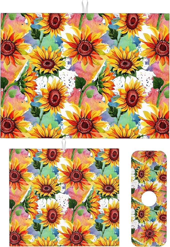 3Pcs Watercolor Sunflower Dish Drying Mat & Kitchen Sink Splash Guard Faucet Mat For Kitchen Counter Absorbent Microfiber Dishes Pad Dish Drainer Rack Mats Fast Dry Kitchen Accessories