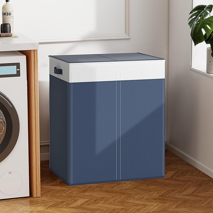 YECAYE 145L Double Laundry Hamper with Lid for Home, Dual Compartments hamper with Removable Bags, 2 Section Foldable Cloths Basket with lid, Double Cloths Basket with Color-Block Design