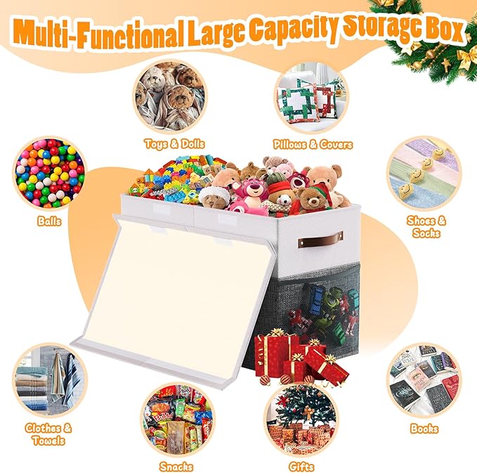 Large Toy Storage Box with Lid Divider, Sturdy Collapsible Toys Organizer Chest Kids Storage Bins Boxes Baskets for Boys, Girls, Nursery, Bedroom, Living Room, Playroom, 25"x13"x16", Gray and White