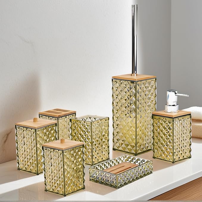 Bathroom Accessory Set,7 Pcs Beige Bathroom Set Include Soap Dispenser, Qtip Holder Dispenser, Soap Dish,Toilet Brush,Toothbrush Holder & Mouthwash Cup.Boho Bathroom Set