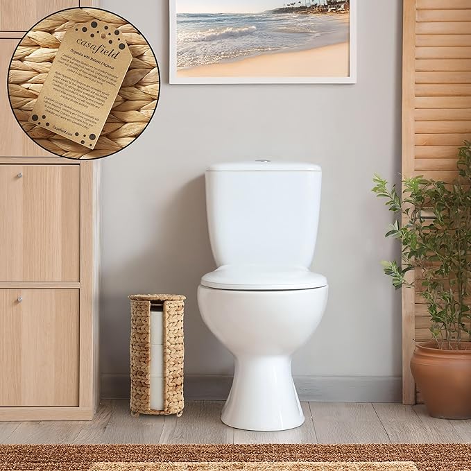 Casafield Free Standing Toilet Paper Storage Roll Holder with Lid - Natural, Fits 3 Rolls, Water Hyacinth Bath Tissue Organizer for Bathroom