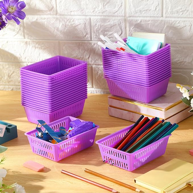 Sherr 36 Pack Classroom Storage Basket Small Plastic Basket for Organizing Crayon Pencil Container Storage Bin Tray Holder for Paper Shelf Back to School Office Supply 6.1"l x 4.3"w x 2.4"h(Purple)