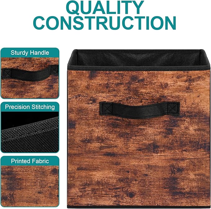 Stero Fabric Storage Cubes, 8 Pack Foldable Storage Bins with Handle, 11 InchBox for Shelves, Closet, Organizer, Rustic Brown and Black