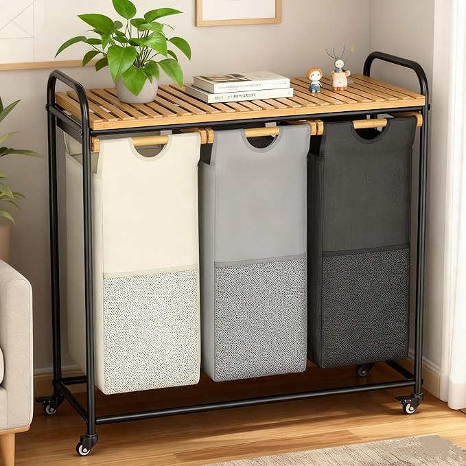 Laundry Hampers 3 Section, Laundry Sorter with Removable Shelf and Pull-Out Bags, Rolling Cart Clothes Hampers Basket with Wheels for Laundry Room Bathroom, 3 x 45 L (Black Beige Gray)