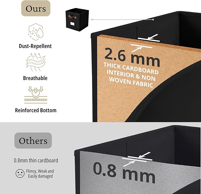 DECOMOMO Storage Bins, Cube Storage Bin with Labels, Fabric Storage Cubes for Shelves (10.5" x 11" / 6pcs, Black)