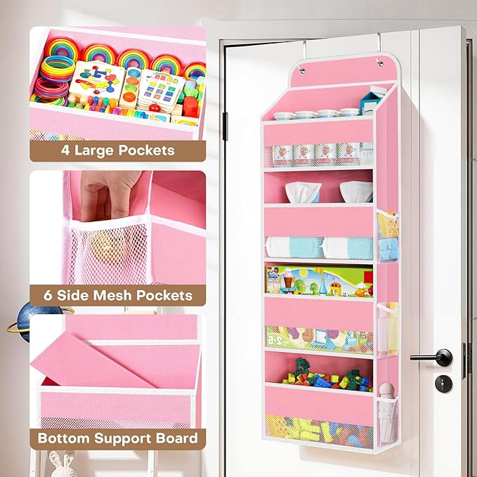 SpaceWhisper Over the Door Organizer, 4 Large Pocket Hanging Storage Organizer with 40lb Capacity, Space Saving for Nursery, Bathroom, Bedroom, Closet - Baby Essentials & Toiletry Organizer (Pink)