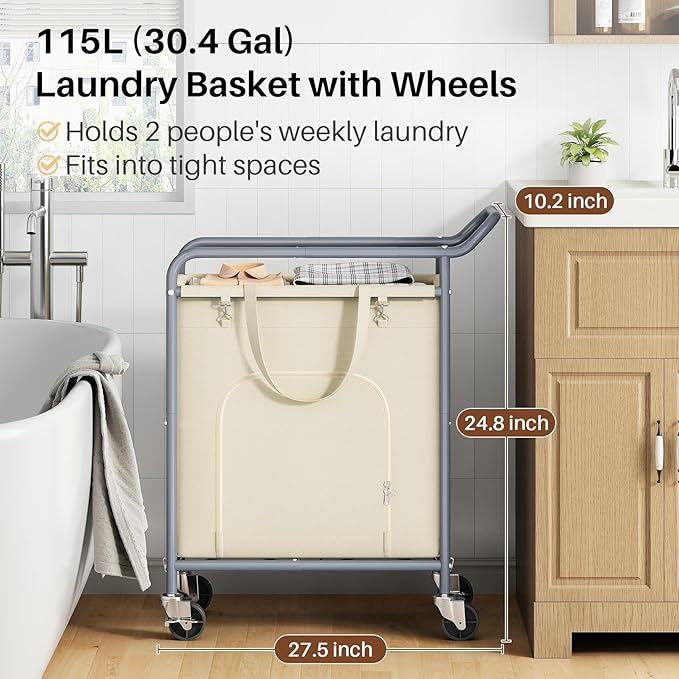 Laundry Basket with Wheels,114L Large Rolling Laundry Hamper, Heavy-Duty Laundry Cart Sturdy Metal Frame with Handle, Minimizes Bending Easy Access Clothing for Bedroom, Bathroom, Laundry Room (Beige)
