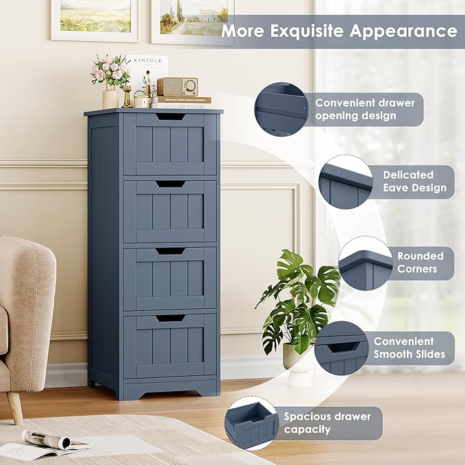 FOTOSOK Bathroom Storage Cabinet, Bathroom Cabinet with 4 Drawers, 11.8” x 11.8” x 32.5” Freestanding Entryway Cupboard Storage Organizer Unit Home Furniture Decor, Blue
