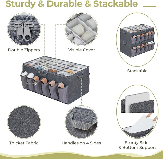 Extra Large Fabric Shoe Organizer for Closet, Fits up to 28 Pairs, Foldable Shoe Storage Bin Containers with Adjustable Dividers and Clear Cover, Grey, 1 Pack