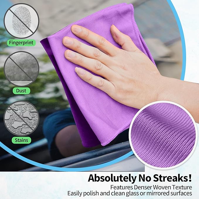 HOMERHYME Microfiber Cleaning Cloth - 10 Pack Glasses Cleaning Cloth, 16" x 14" Window Cleaning Rags, Streak Free Lint Free Polishing Cloths Wipes for Eye Glass, Stainless Steel, Windshield, Purple